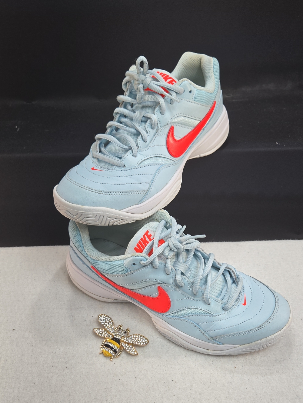 Nike Women's Court Lite Tennis Shoe in the Ice Blue, White, and Bright Crimson